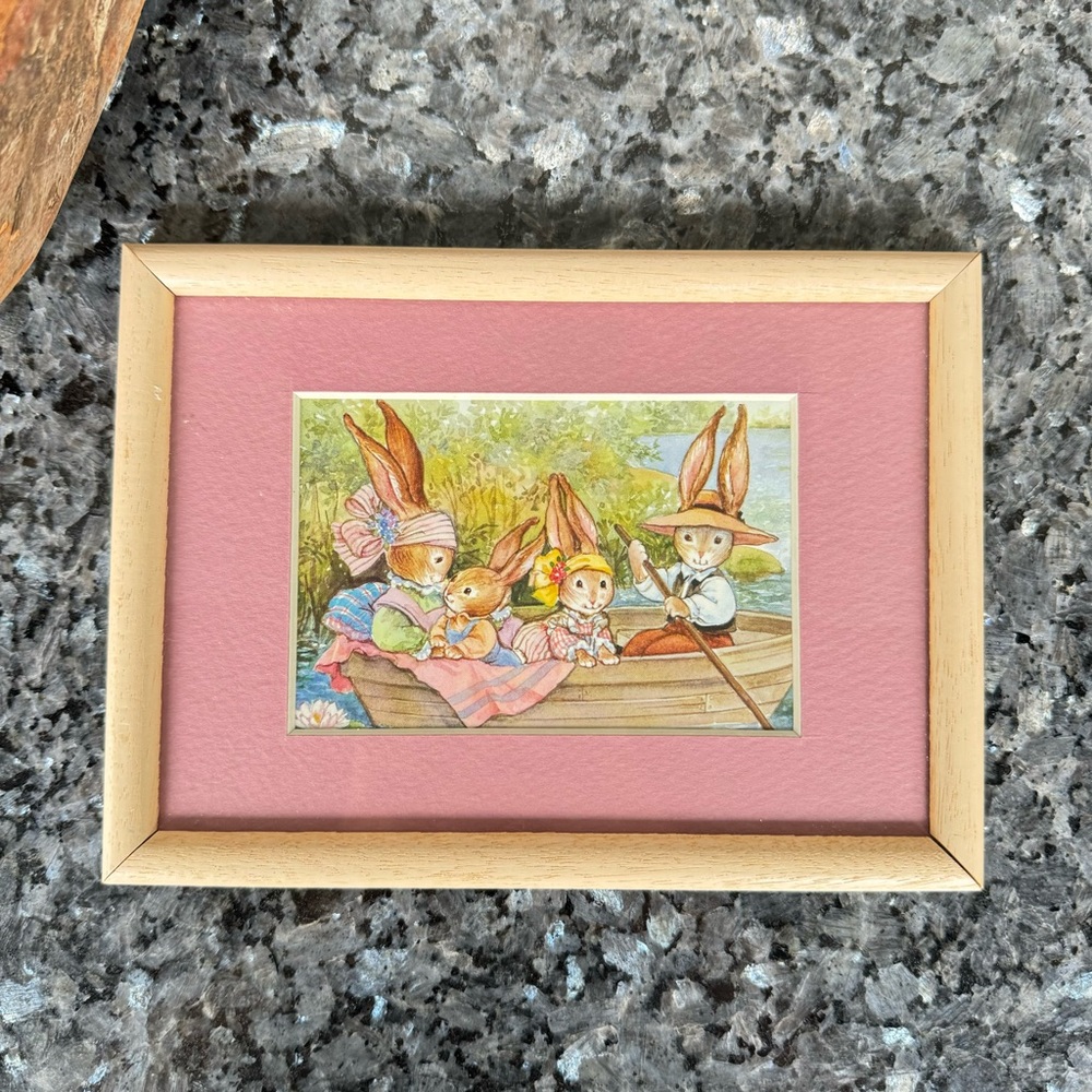 Vintage Rabbit Family On Boat Ride Art Frame 8” Pink Border Made In Hong Kong